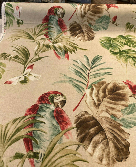 Lorraine Scarlet Macaw Birds Cotton Fabric - Red Green Macaw Parrot With Green Brown And Teal Flowers, 54" Width (1 Yard)