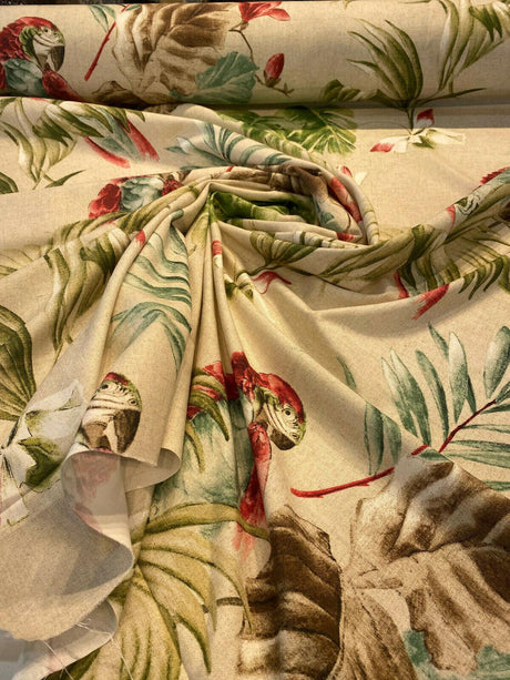 Lorraine Scarlet Macaw Birds Cotton Fabric - Red Green Macaw Parrot With Green Brown And Teal Flowers, 54" Width (1 Yard)