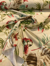 Lorraine Scarlet Macaw Birds Cotton Fabric - Red Green Macaw Parrot With Green Brown And Teal Flowers, 54" Width (1 Yard)