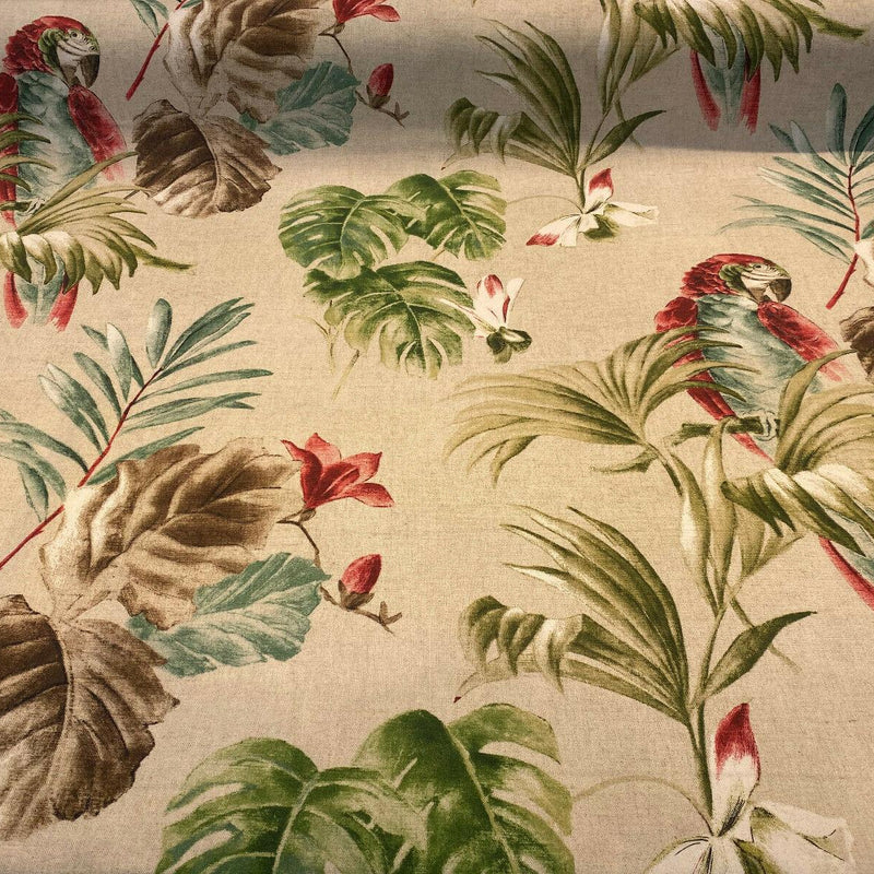 Lorraine Scarlet Macaw Birds Cotton Fabric - Red Green Macaw Parrot With Green Brown And Teal Flowers, 54" Width (1 Yard)
