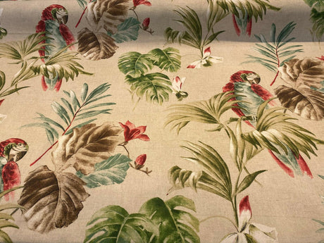 Lorraine Scarlet Macaw Birds Cotton Fabric - Red Green Macaw Parrot With Green Brown And Teal Flowers, 54" Width (1 Yard)
