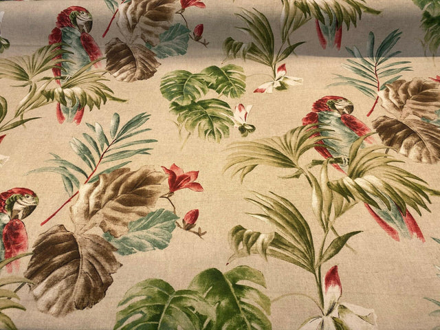 Lorraine Scarlet Macaw Birds Cotton Fabric - Red Green Macaw Parrot With Green Brown And Teal Flowers, 54" Width (1 Yard)