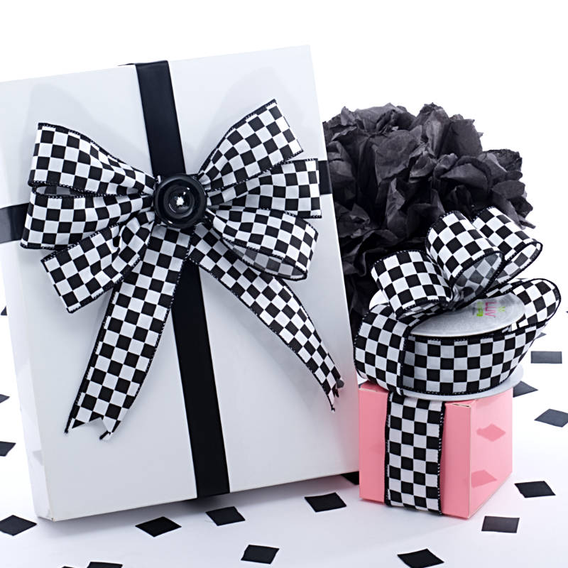 Checkered Print Satin Ribbons 1 1/2 '' X 10 yd - White Color 1 / ROLL