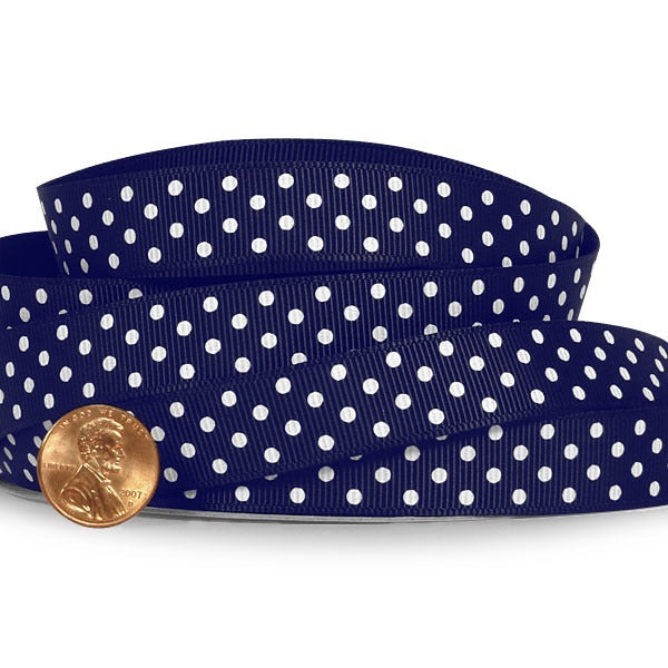 Polka Dot Grosgrain Ribbon – Navy / White, 3/8'' x 25 yd (1 Roll)