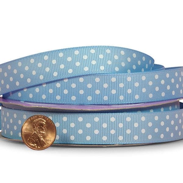 Polka Dot Grosgrain Ribbon – Lt. Blue / White, 3/8'' x 25 yd (1 Roll)