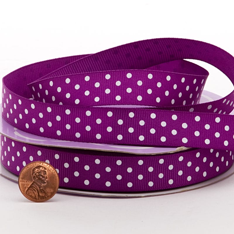 Polka Dot Grosgrain Ribbon – Purple / White, 3/8'' x 25 yd (1 Roll)