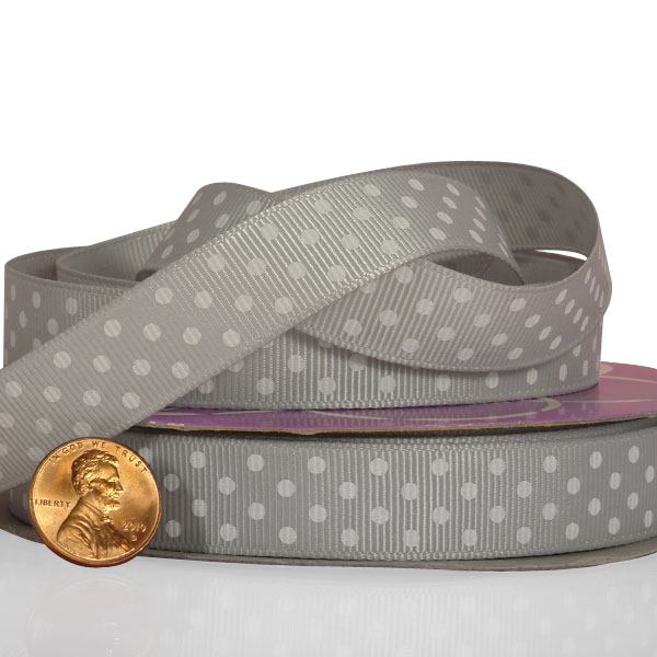 Polka Dot Grosgrain Ribbon – Silver / White, 3/8'' x 25 yd (1 Roll)