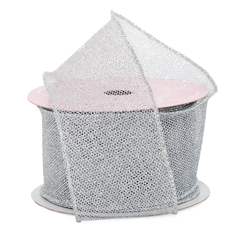 Glitter Fine Mesh Wired Ribbon 2 1/2 '' X 10 yd Silver Color 1 / ROLL