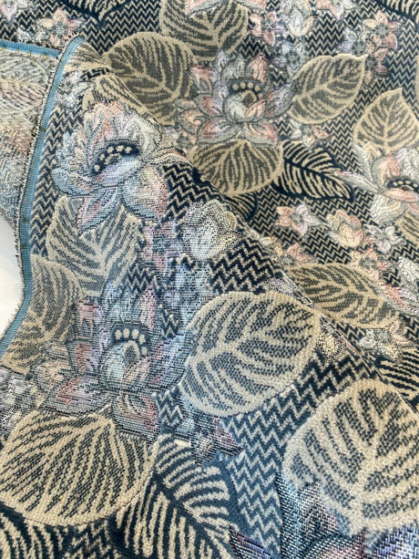 Blue Floral Embossed Velvet Fabric - Blue, Beige, Navy, Pink, Lavender Floral Pattern, 58" Width (1 Yard)