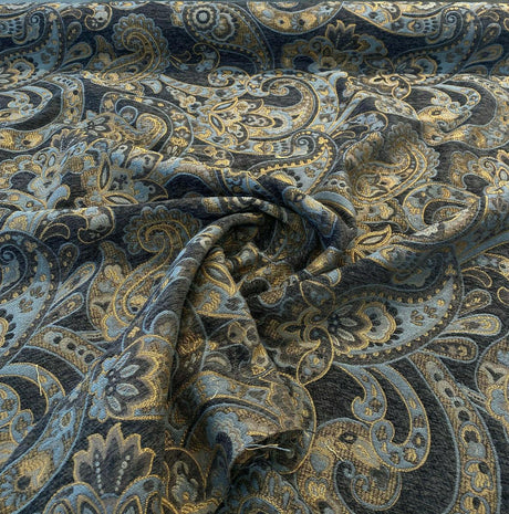 Barrow Reverly Chenille Fabric - Prussian Paisley, Dark Charcoal Brown With Blue And Gold Design, 27" Horizontal Repeat, 22" Vertical Repeat (1 Yard)