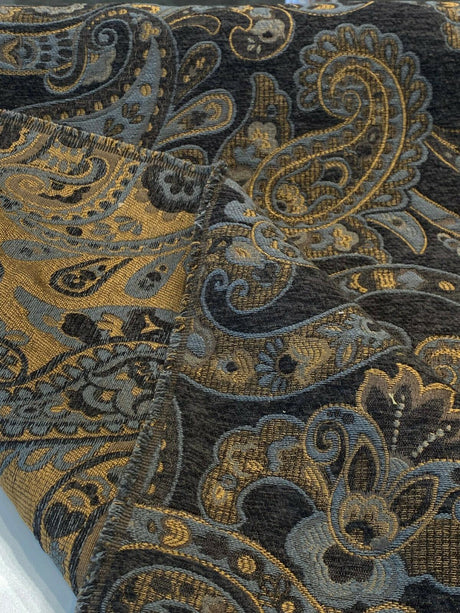 Barrow Reverly Chenille Fabric - Prussian Paisley, Dark Charcoal Brown With Blue And Gold Design, 27" Horizontal Repeat, 22" Vertical Repeat (1 Yard)