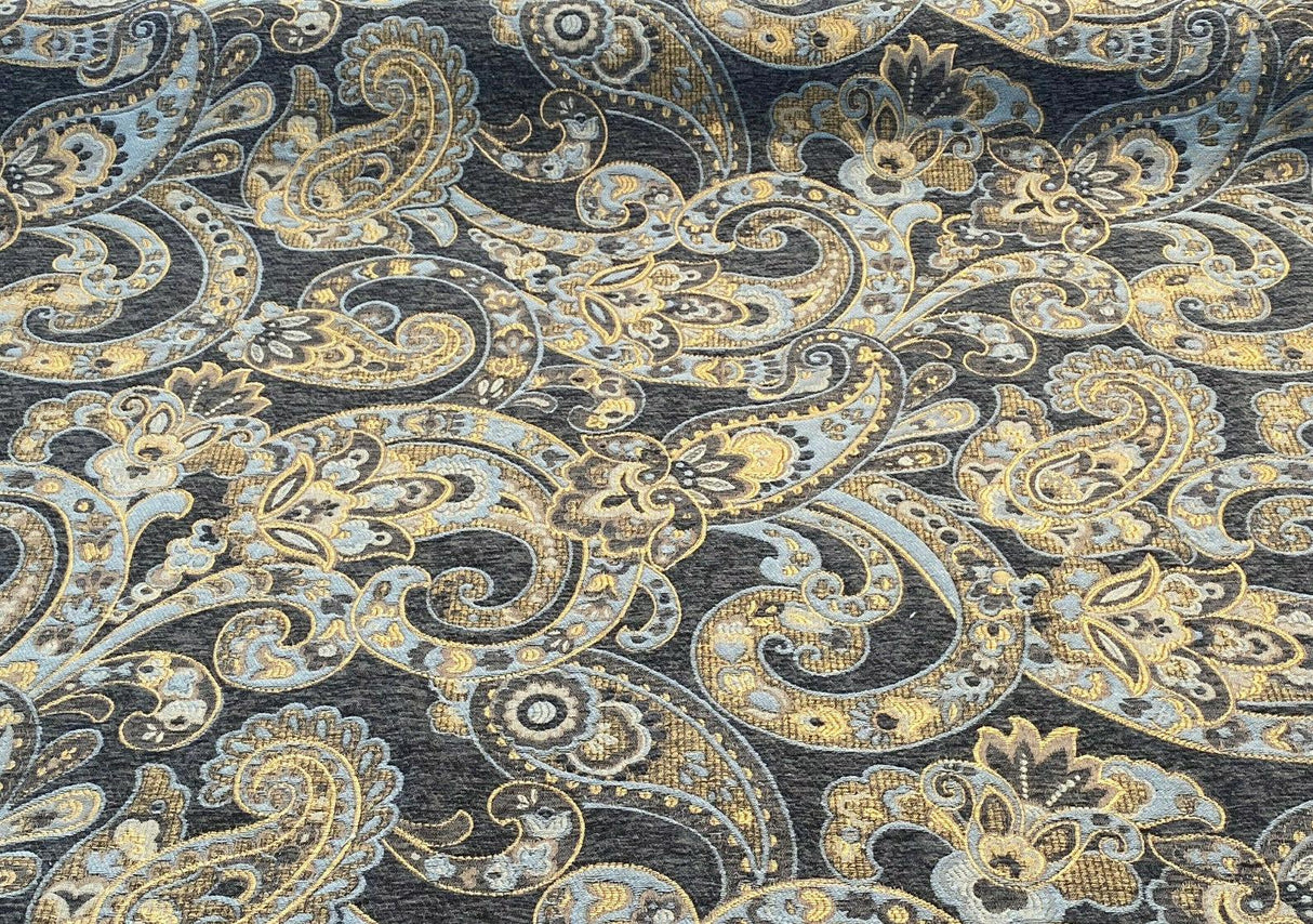 Barrow Reverly Chenille Fabric - Prussian Paisley, Dark Charcoal Brown With Blue And Gold Design, 27" Horizontal Repeat, 22" Vertical Repeat (1 Yard)