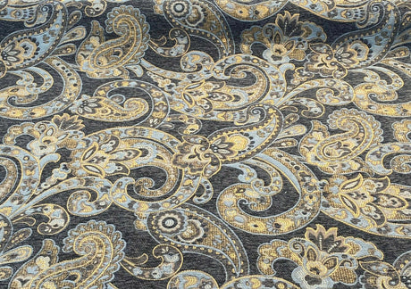 Barrow Reverly Chenille Fabric - Prussian Paisley, Dark Charcoal Brown With Blue And Gold Design, 27" Horizontal Repeat, 22" Vertical Repeat (1 Yard)