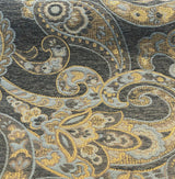 Barrow Reverly Chenille Fabric - Prussian Paisley, Dark Charcoal Brown With Blue And Gold Design, 27" Horizontal Repeat, 22" Vertical Repeat (1 Yard)