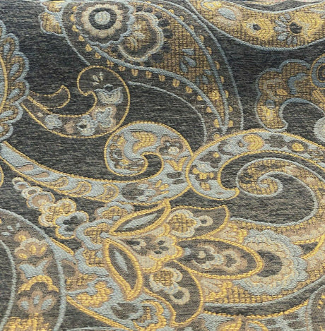Barrow Reverly Chenille Fabric - Prussian Paisley, Dark Charcoal Brown With Blue And Gold Design, 27" Horizontal Repeat, 22" Vertical Repeat (1 Yard)