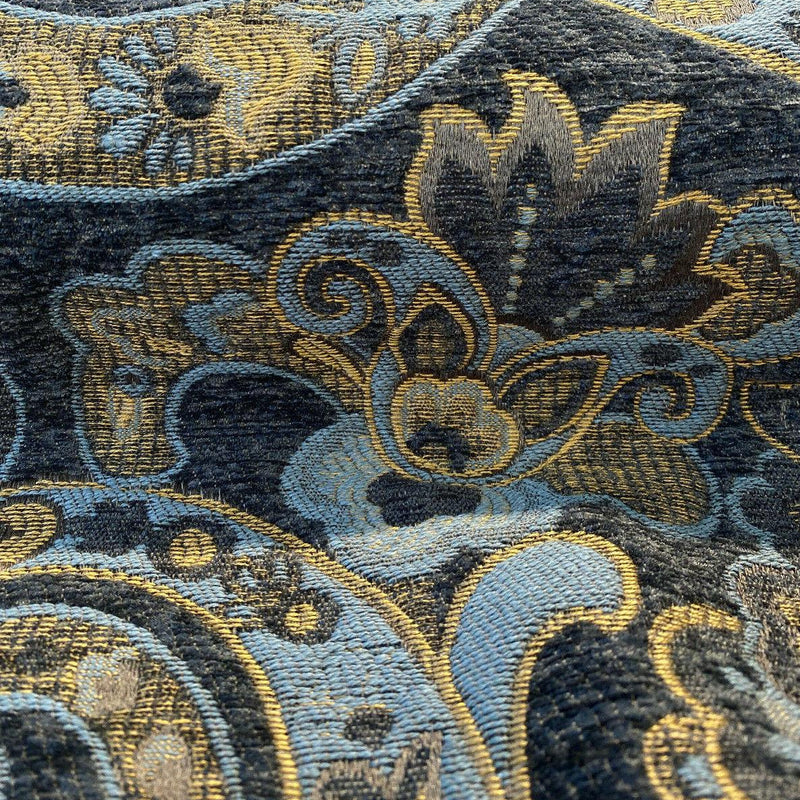 Barrow Reverly Chenille Fabric - Prussian Paisley, Dark Charcoal Brown With Blue And Gold Design, 27" Horizontal Repeat, 22" Vertical Repeat (1 Yard)