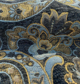 Barrow Reverly Chenille Fabric - Prussian Paisley, Dark Charcoal Brown With Blue And Gold Design, 27" Horizontal Repeat, 22" Vertical Repeat (1 Yard)