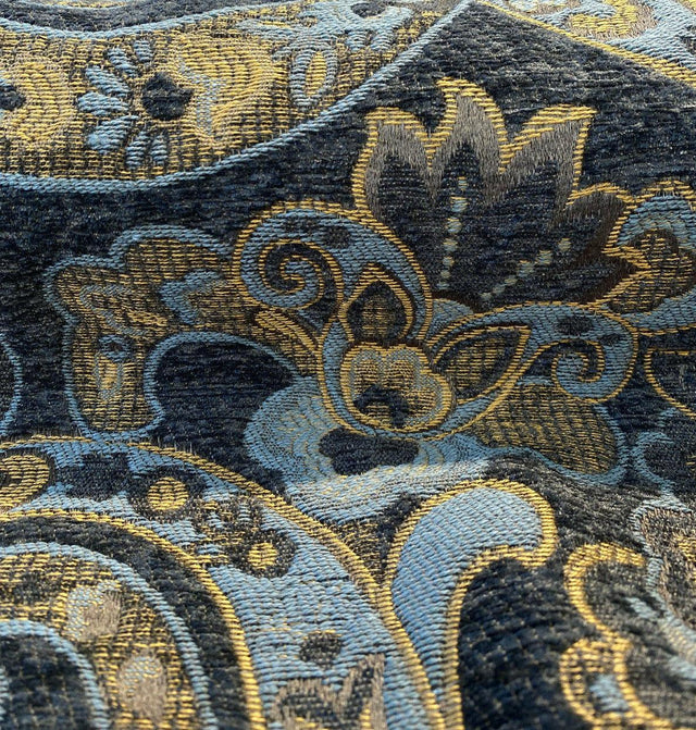 Barrow Reverly Chenille Fabric - Prussian Paisley, Dark Charcoal Brown With Blue And Gold Design, 27" Horizontal Repeat, 22" Vertical Repeat (1 Yard)