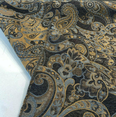 Barrow Reverly Chenille Fabric - Prussian Paisley, Dark Charcoal Brown With Blue And Gold Design, 27" Horizontal Repeat, 22" Vertical Repeat (1 Yard)