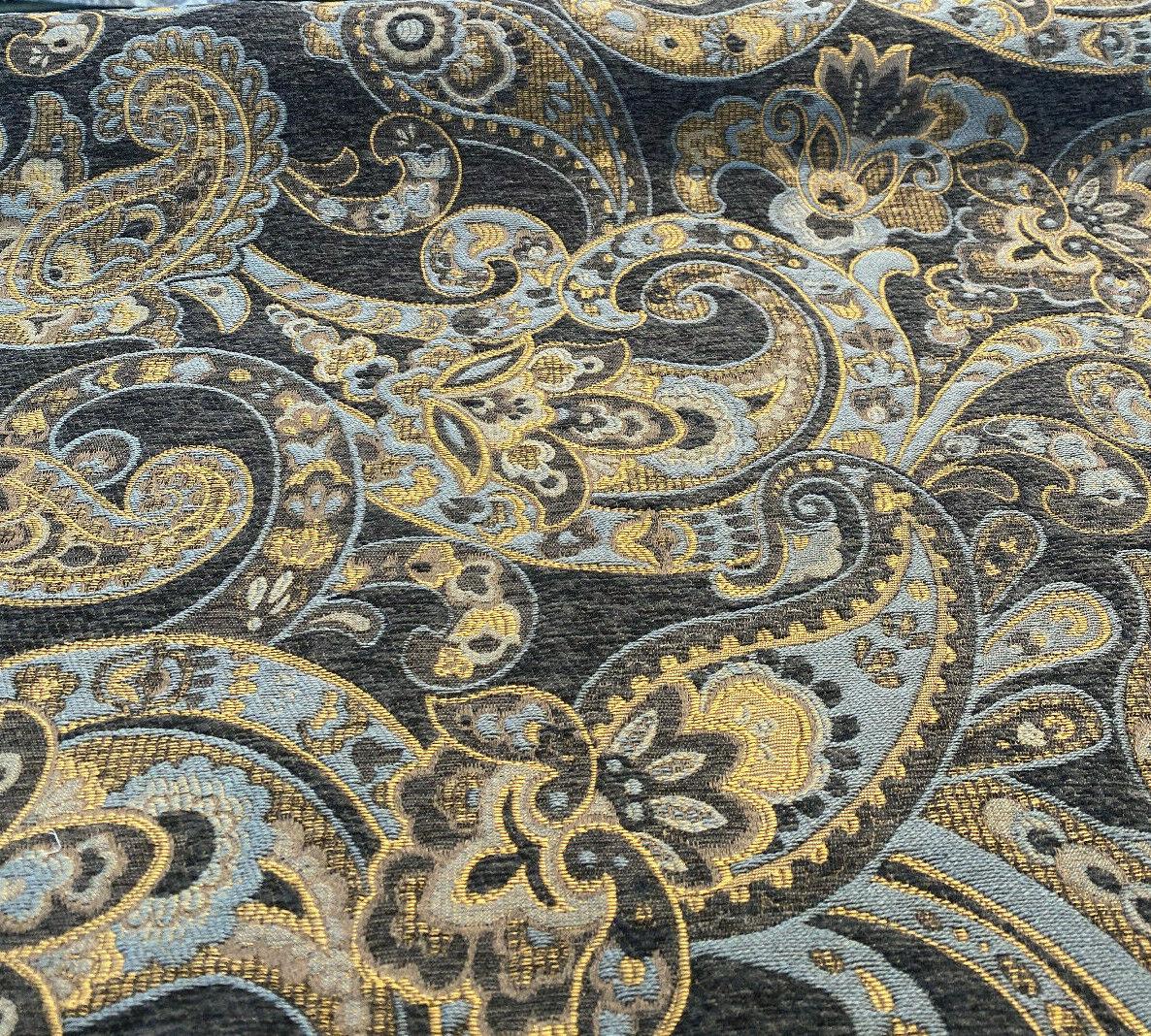 Barrow Reverly Chenille Fabric - Prussian Paisley, Dark Charcoal Brown With Blue And Gold Design, 27" Horizontal Repeat, 22" Vertical Repeat (1 Yard)