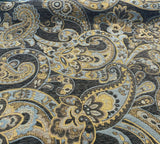 Barrow Reverly Chenille Fabric - Prussian Paisley, Dark Charcoal Brown With Blue And Gold Design, 27" Horizontal Repeat, 22" Vertical Repeat (1 Yard)
