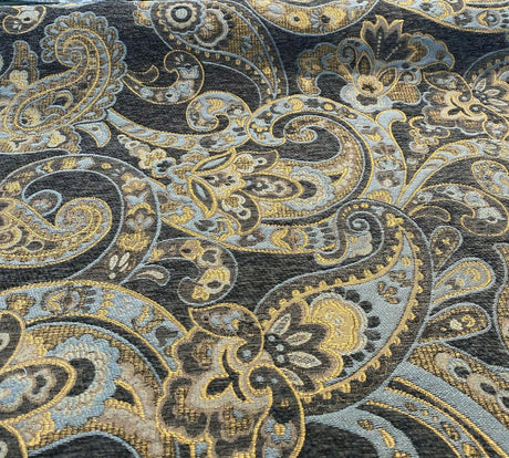 Barrow Reverly Chenille Fabric - Prussian Paisley, Dark Charcoal Brown With Blue And Gold Design, 27" Horizontal Repeat, 22" Vertical Repeat (1 Yard)