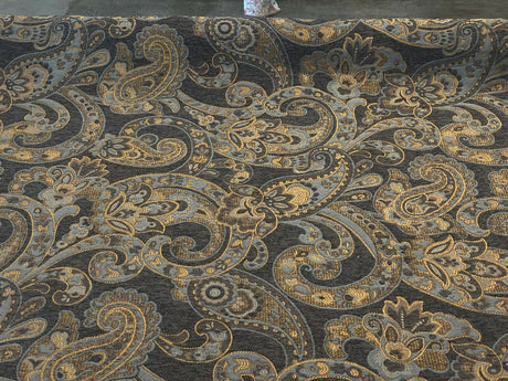 Barrow Reverly Chenille Fabric - Prussian Paisley, Dark Charcoal Brown With Blue And Gold Design, 27" Horizontal Repeat, 22" Vertical Repeat (1 Yard)
