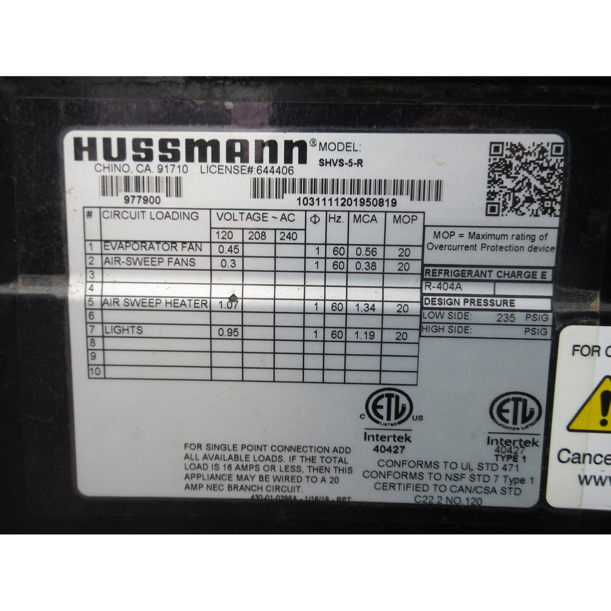 Hussman SHVS-5-R Remote Refrigerator Bakery Display Case, Used Excellent Condition