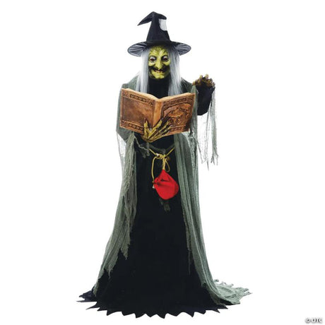 RADYAN Animated Spell-Speaking Witch Halloween Prop with Light-Up Glowing Eyes shown in a clear product image