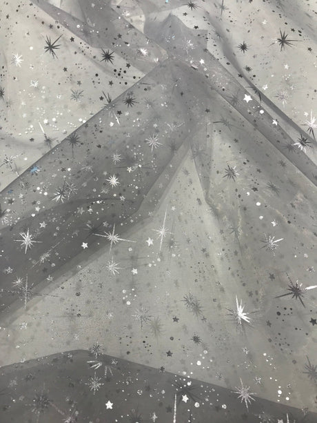 Silver Mirror Organza Fabric - Silver Foil Stars, 58" X 58" Square (1 Piece)