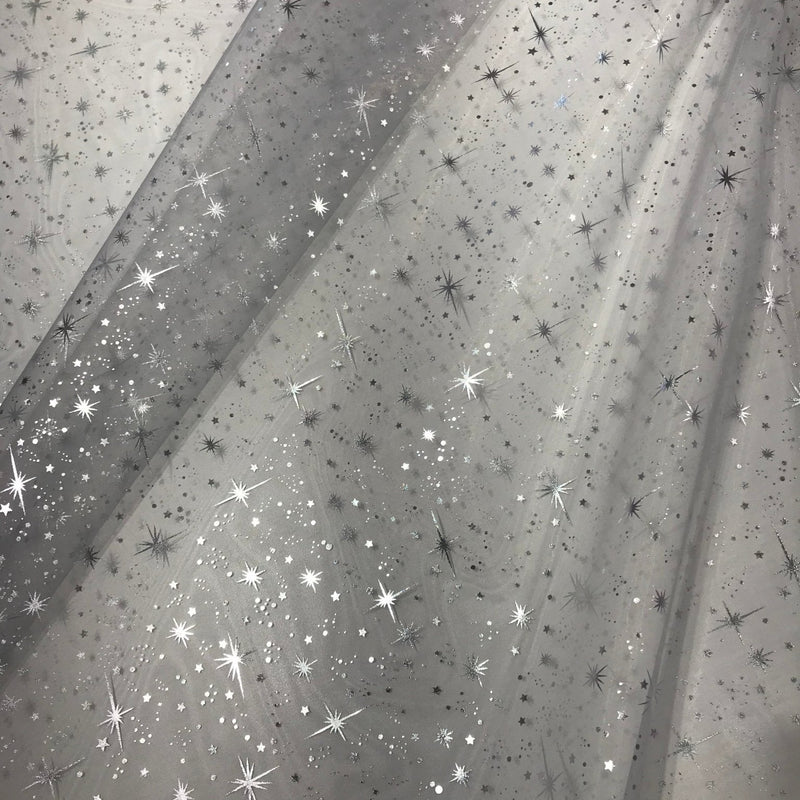 Silver Mirror Organza Fabric - Silver Foil Stars, 58" X 58" Square (1 Piece)