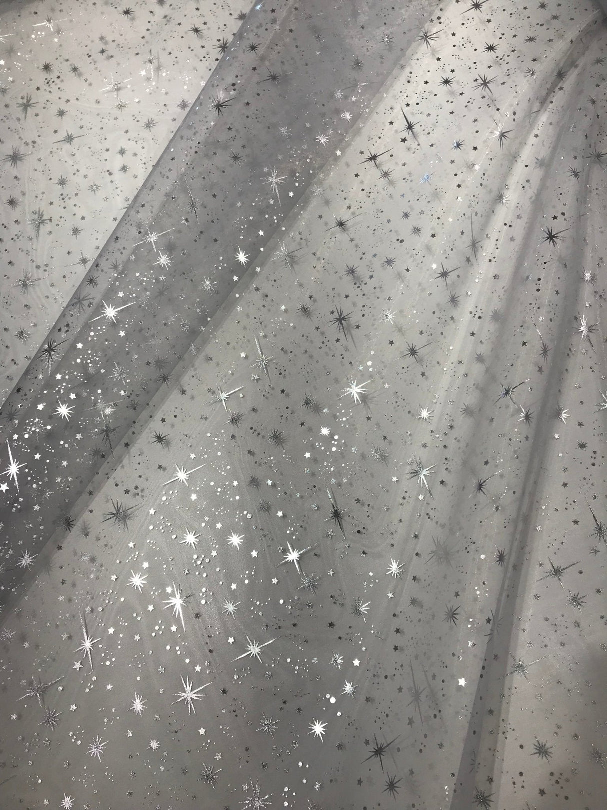 Silver Mirror Organza Fabric - Silver Foil Stars, 58" X 58" Square (1 Piece)