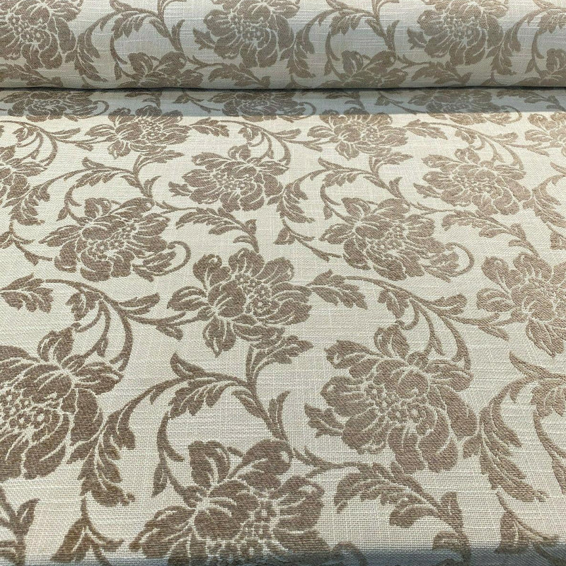 Ambience Linen Chenille Upholstery Fabric - Antique Brown Floral On Beige, 56" Width (1 Yard)