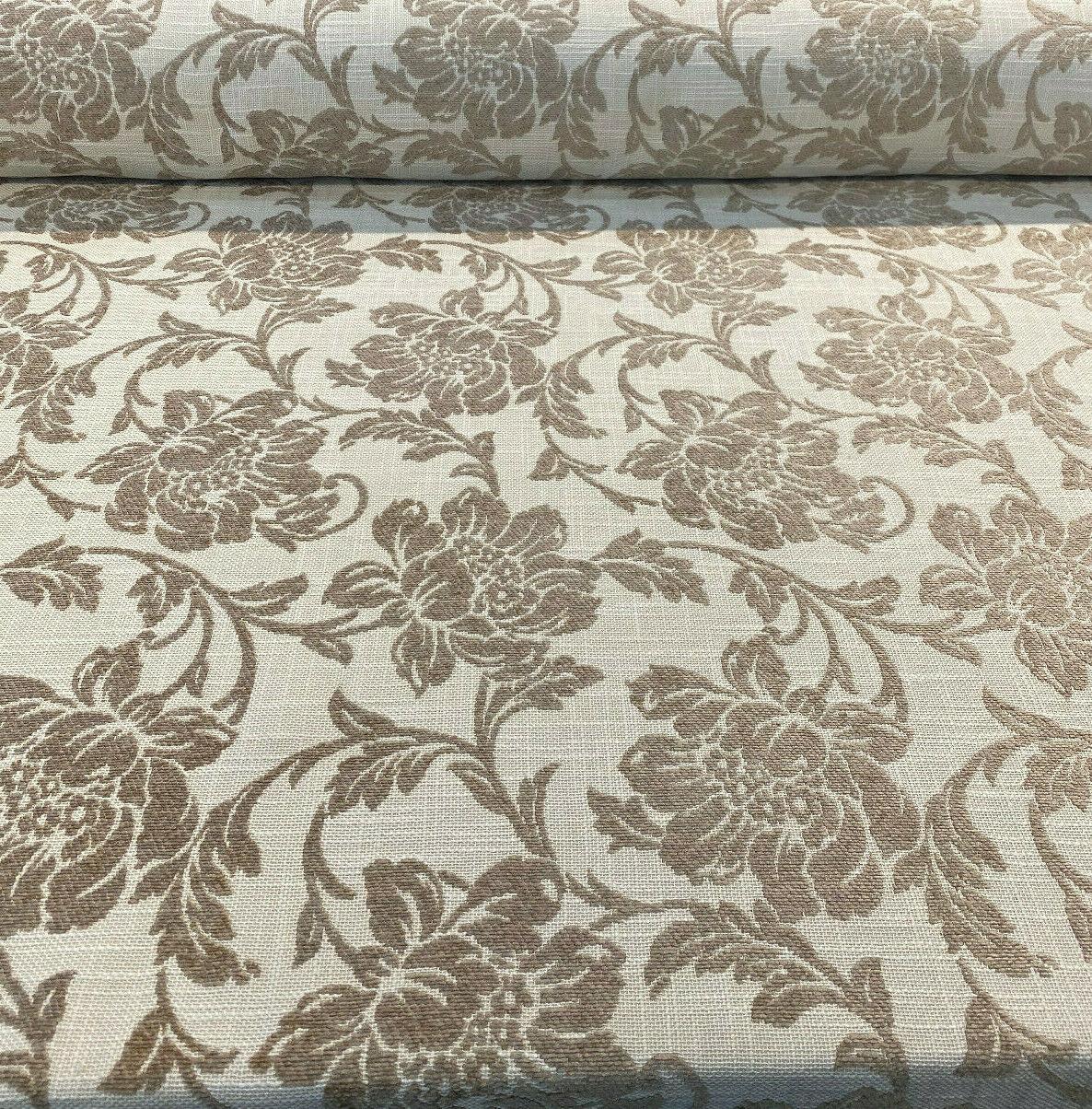 Ambience Linen Chenille Upholstery Fabric - Antique Brown Floral On Beige, 56" Width (1 Yard)