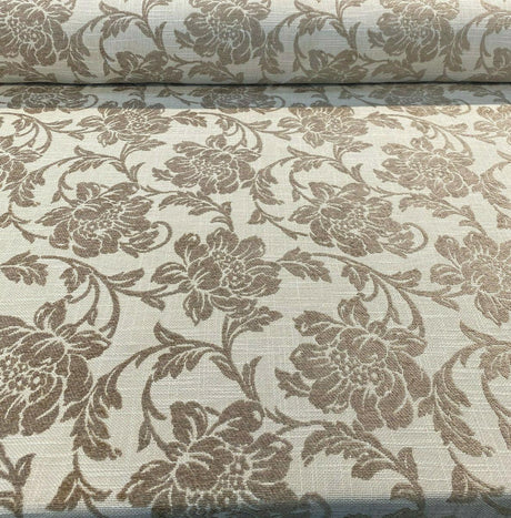 Ambience Linen Chenille Upholstery Fabric - Antique Brown Floral On Beige, 56" Width (1 Yard)