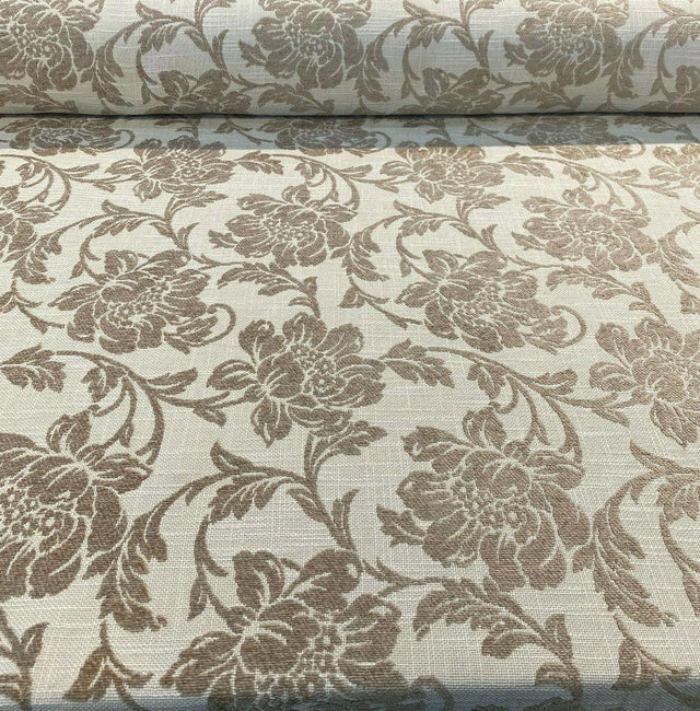 Ambience Linen Chenille Upholstery Fabric - Antique Brown Floral On Beige, 56" Width (1 Yard)