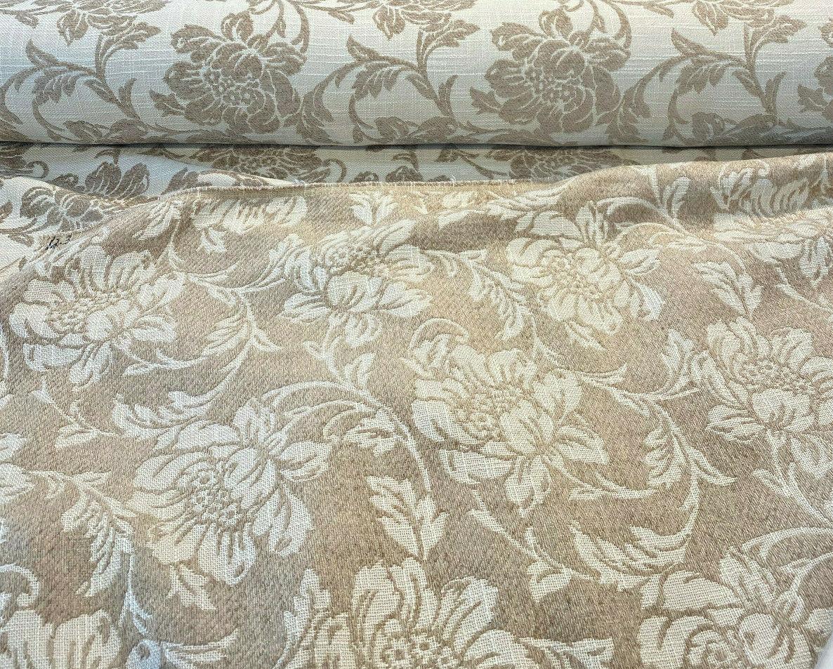 Ambience Linen Chenille Upholstery Fabric - Antique Brown Floral On Beige, 56" Width (1 Yard)
