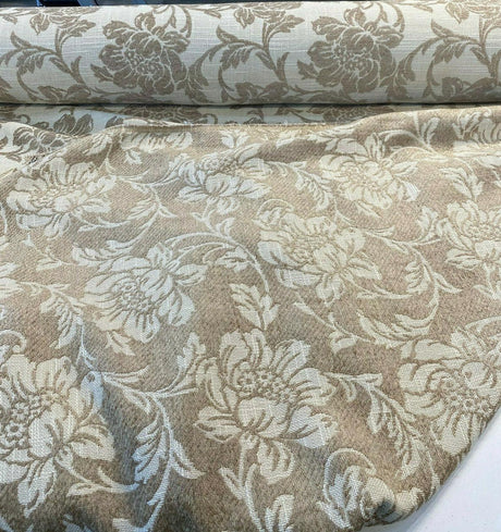 Ambience Linen Chenille Upholstery Fabric - Antique Brown Floral On Beige, 56" Width (1 Yard)