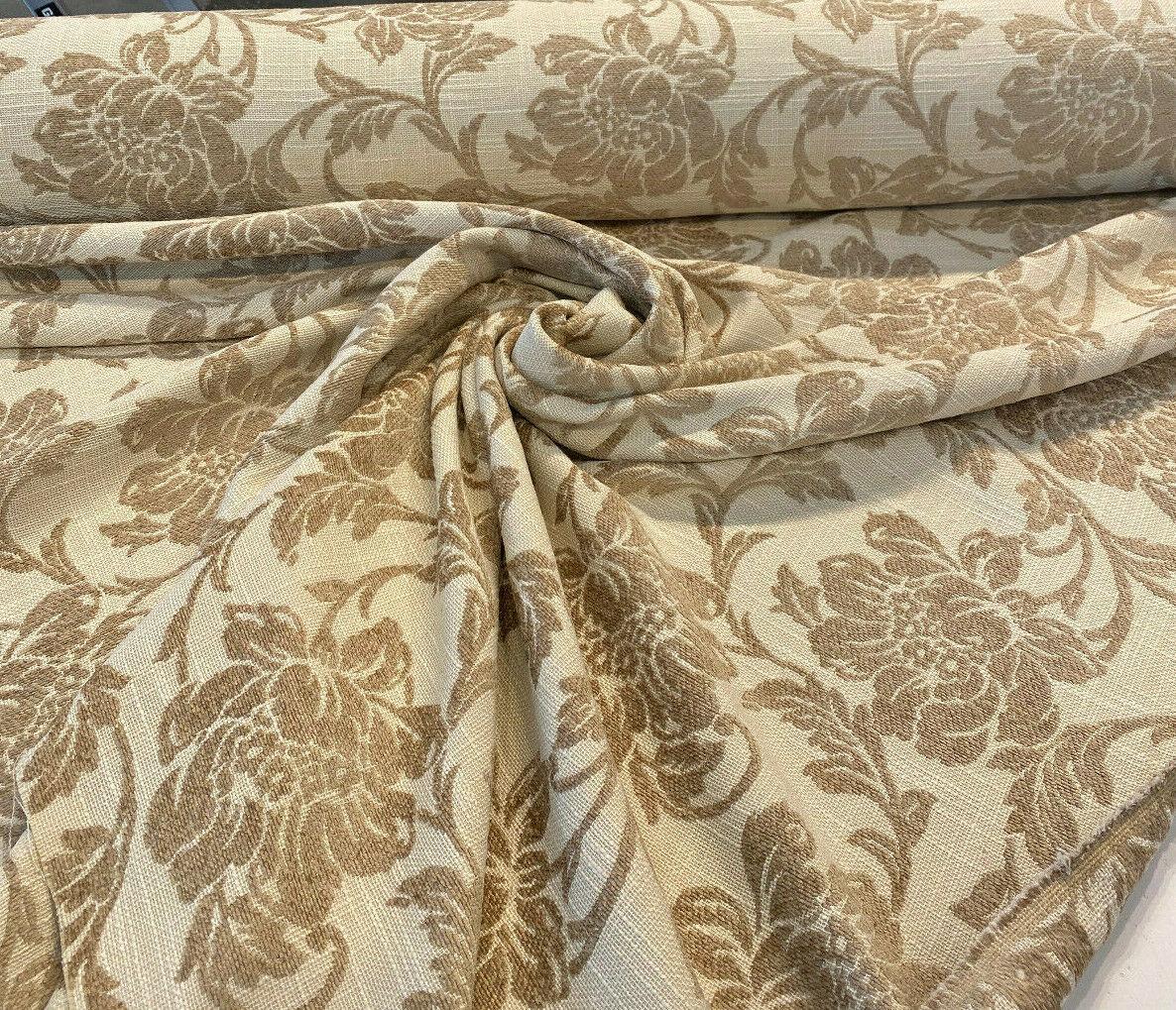 Ambience Linen Chenille Upholstery Fabric - Antique Brown Floral On Beige, 56" Width (1 Yard)