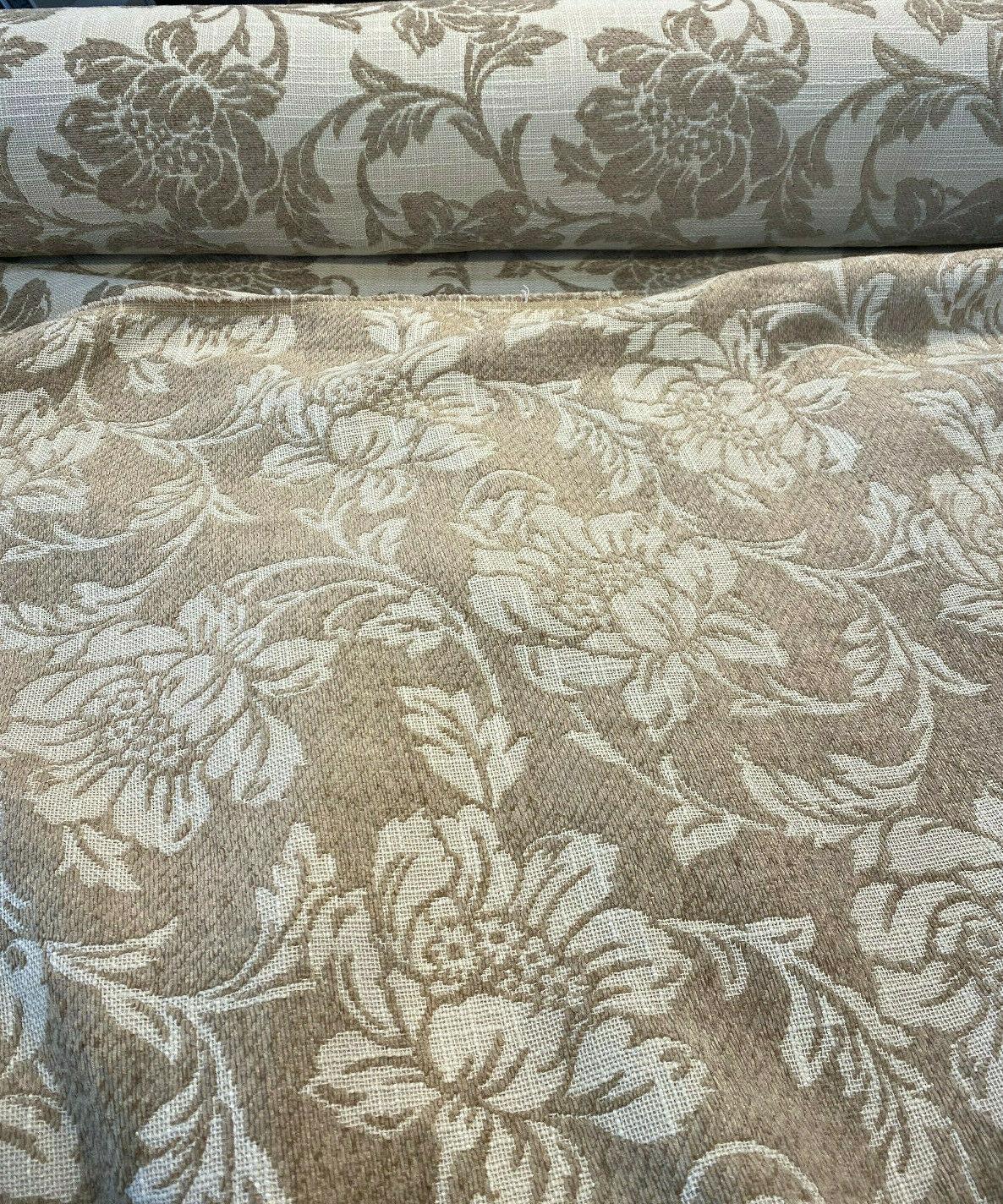 Ambience Linen Chenille Upholstery Fabric - Antique Brown Floral On Beige, 56" Width (1 Yard)