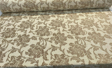 Ambience Linen Chenille Upholstery Fabric - Antique Brown Floral On Beige, 56" Width (1 Yard)
