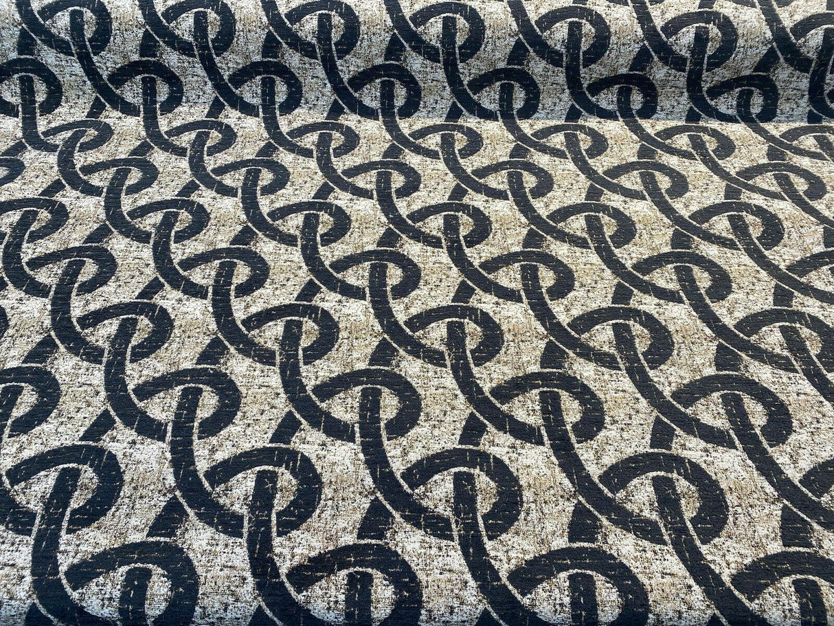 Chain Links Slate M10905 Chenille Fabric - Slate Gray With Beige And Hint Of Gold Background, 58" Width (1 Yard)