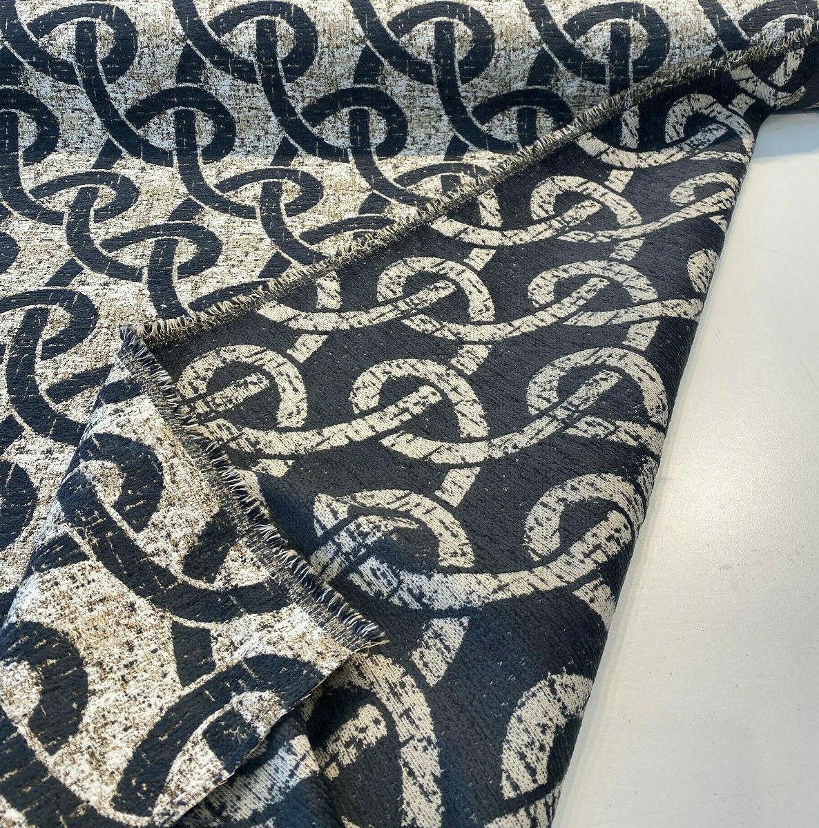 Chain Links Slate M10905 Chenille Fabric - Slate Gray With Beige And Hint Of Gold Background, 58" Width (1 Yard)