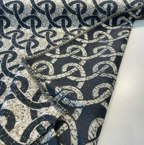 Chain Links Slate M10905 Chenille Fabric - Slate Gray With Beige And Hint Of Gold Background, 58" Width (1 Yard)