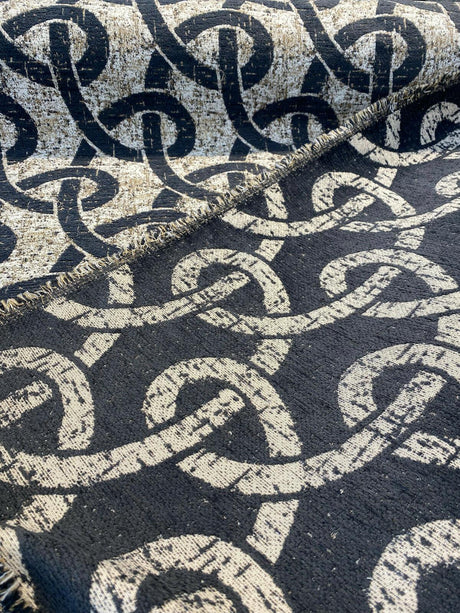 Chain Links Slate M10905 Chenille Fabric - Slate Gray With Beige And Hint Of Gold Background, 58" Width (1 Yard)