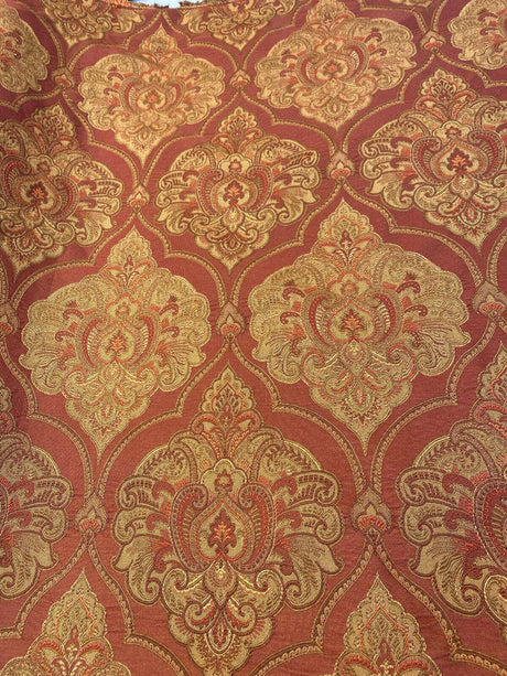 Artifact Red Garnet M8982 Barrow Jacquard Brocade Fabric - Red, Antique Gold, Taupe Jacquard Brocade, 25,000 Double Rubs (1 Yard)