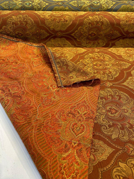 Artifact Red Garnet M8982 Barrow Jacquard Brocade Fabric - Red, Antique Gold, Taupe Jacquard Brocade, 25,000 Double Rubs (1 Yard)