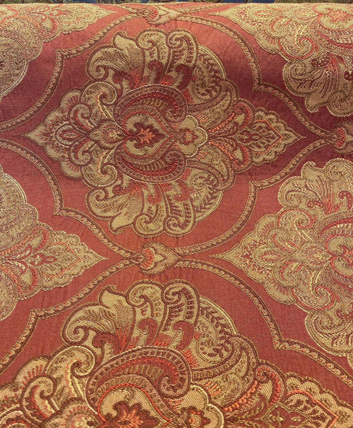 Artifact Red Garnet M8982 Barrow Jacquard Brocade Fabric - Red, Antique Gold, Taupe Jacquard Brocade, 25,000 Double Rubs (1 Yard)