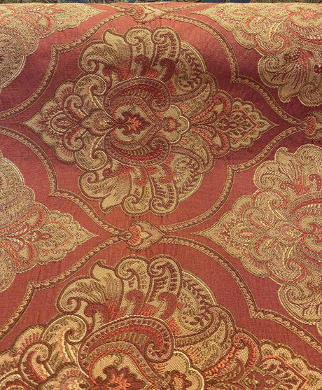 Artifact Red Garnet M8982 Barrow Jacquard Brocade Fabric - Red, Antique Gold, Taupe Jacquard Brocade, 25,000 Double Rubs (1 Yard)