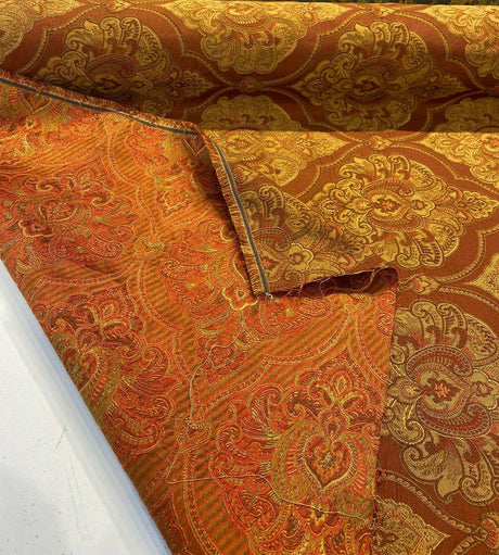 Artifact Red Garnet M8982 Barrow Jacquard Brocade Fabric - Red, Antique Gold, Taupe Jacquard Brocade, 25,000 Double Rubs (1 Yard)